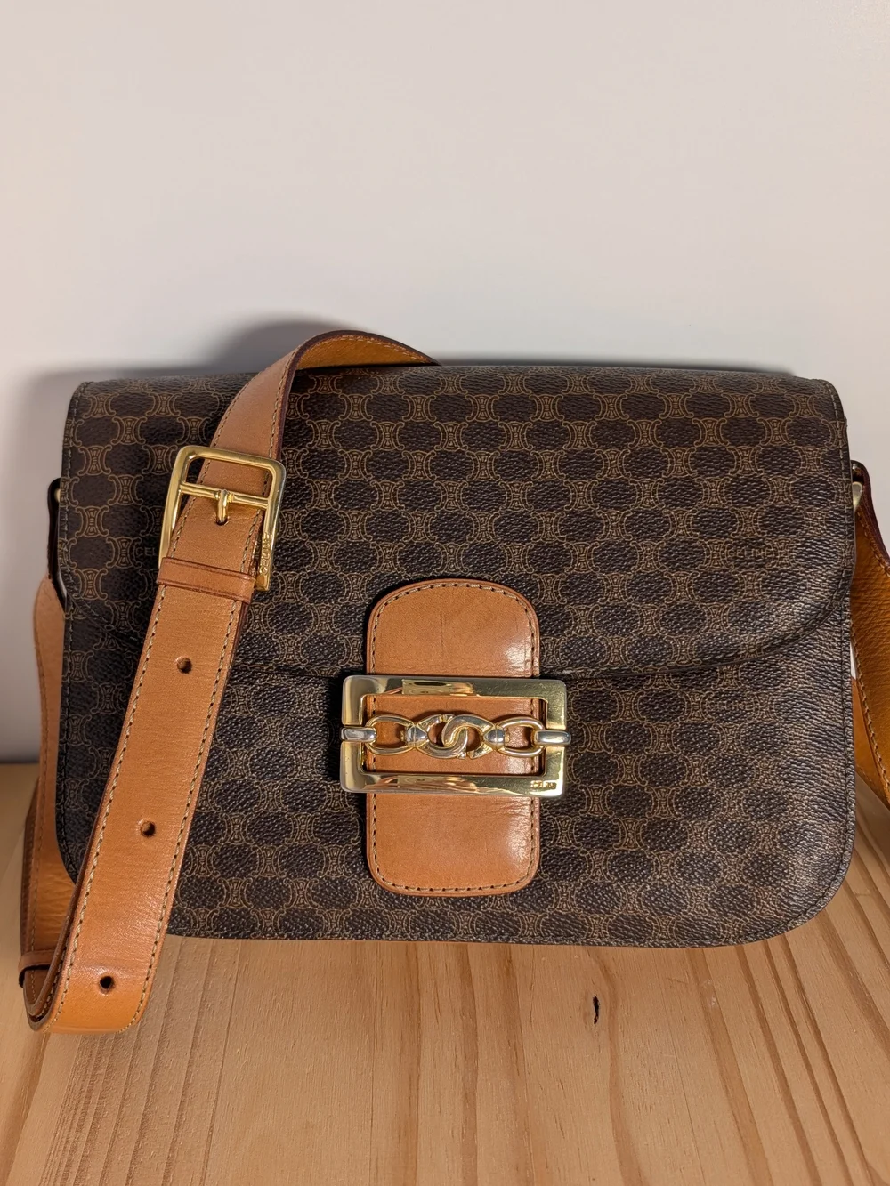 Authentic Vintage CELINE Macadam Crossbody/ Shoulder Bag Statement Gold Hardware